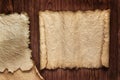 Ancient paper, scrolls on a wooden table as background Royalty Free Stock Photo