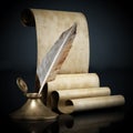 Ancient parchment, inkwell and quill. 3D illustration