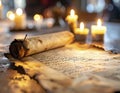 Ancient parchment scroll and aged manuscript illuminated by soft candlelight evoking historical Royalty Free Stock Photo