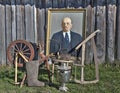 Ancient peasant things portrait Vladimir Lenin, spinning wheel, samovar, handsaw