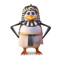 Ancient penguin pharaoh Tutankhamun stands regally with hands on hips, 3d illustration