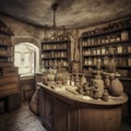 Ancient pharmacy interior with table and window. Glass bottles, wooden shelves, stone floor Brown colors, dusty