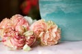 Ancient pierre de ronsard roses near aquamarine glass jar Royalty Free Stock Photo