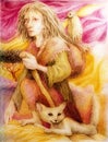 Ancient pilgrim woman with white fox and a bird