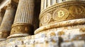 Ancient pillars adorned with Bitcoin symbols representing the intersection of tradition and cryptocurrency