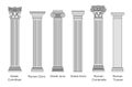 Ancient pillars set isolated on white background. Different architecture pillars with stone effect. Classical columns vector set
