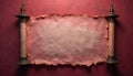 Ancient pink parchment scroll on dark red textured wall. Old blank paper with rustic torn edges ready for secret message. Empty Royalty Free Stock Photo