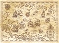 Ancient pirate map of the Caribbean Sea with ships, islands and fantasy creatures Royalty Free Stock Photo