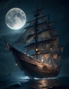 An ancient pirate ship, its hull battered and worn, sails billowing in the moonlight.