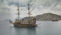 Ancient pirate ship by the shore. Turkey