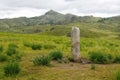 Stone pillar in the middle of the steppe. Archaeological monument.