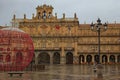 Ancient Plaza Mayor is the main square. View in rainy day. The square is built in the Spanish Baroque style