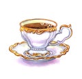 Ancient porcelain coffee cup with a gold pattern, watercolor illustration on a white background Royalty Free Stock Photo