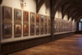 Blank vertical, horizontal and square decorative art transparent gallery mock-up. 8 frames. Old castle hall