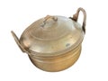 Ancient pot made of brass. There is a pattern on the handle area. isolated white background