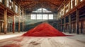 Within an ancient potash warehouse, a vibrant red pile of sand stands as a testament to the passage of time and industry