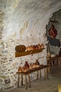 The ancient pots of sand on the stand inside museum