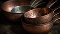 Ancient pottery collection, rustic bowl, metallic handle, ornate decoration generated by AI