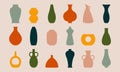 Ancient pottery set. Ceramic vase jar amphora silhouettes abstract shapes, hand drawn isolated icons. Vector