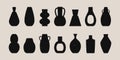 Ancient pottery set. Ceramic vase pot jar black silhouettes various shapes, hand drawn isolated icons. Vector Royalty Free Stock Photo