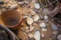 ancient pottery shards on an island excavation site