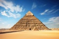 A group of individuals standing together, dwarfed by the massive size of a magnificent pyramid, The Great Pyramid of Khafre, also Royalty Free Stock Photo