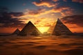 Ancient pyramids in desert at sunset in Egypt, fiction scenic view Royalty Free Stock Photo