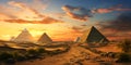 Ancient pyramids in Giza desert at sunset, fiction scenic view, Egypt Royalty Free Stock Photo
