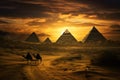 Ancient pyramids in Giza desert at sunset, fiction scenic view, Egypt