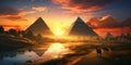 Ancient pyramids in Giza desert at sunset, fiction scenic view, Egypt Royalty Free Stock Photo