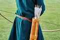 Ancient quiver with arrows on the medieval archer`s back