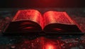 Ancient red book intricate circuitry beneath illuminated pages. Open volume displays complex electronic patterns hinting at Royalty Free Stock Photo