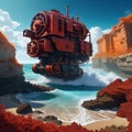 An ancient red mechanical engine runs aground on the digital art