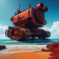 An ancient red mechanical engine runs aground on the digital art