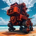 An ancient red mechanical engine runs aground on the digital art