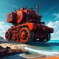 An ancient red mechanical engine runs aground on the digital art