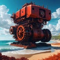 An ancient red mechanical engine runs aground on the digital art