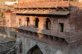 ancient red stone unique stepwell architecture at day from different angle