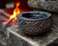 Ancient Relic Drinking Vessels: Textured Stone Cup by the Fire Royalty Free Stock Photo