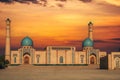 ancient religious Muslim mosque Hazrati Imam part of architectural complex Khast Imam on square in Tashkent at sunset in