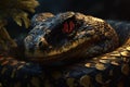 Ancient reptile with red eyes. Dangerous poisonous exotic snake. Generative AI