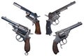 Ancient revolvers. Four old weapon isolated. Royalty Free Stock Photo