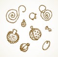 Ancient rings, earrings, buttons. Vector drawing Royalty Free Stock Photo