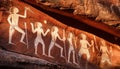 Ancient rock art depicting figures with tools and ornaments on a sandstone wall in warm sunlight Royalty Free Stock Photo