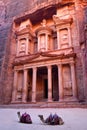 Ancient rock city of Petra - Al-Khazneh - temple, treasury, archaeological site carved in sandstone, Siq canyon, Jordan