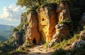 Ancient rock formations with caves and lush greenery in a scenic natural Royalty Free Stock Photo
