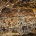 Ancient rock painting portraits of people, animals, hunting scenes,