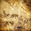 Ancient rock painting scene of mammoth hunting by cavemen,