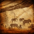 Ancient rock painting scene of mammoth hunting by cavemen,