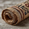 Ancient rolled parchment scroll with visible script on aged texture. Royalty Free Stock Photo